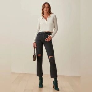 Reformation Cynthia High Rise Straight Jeans in Lagoon Destroyed Black 26